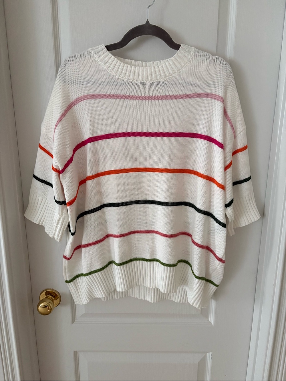 Cream Crewneck Short-Sleeve Sweater with Rainbow Stripes